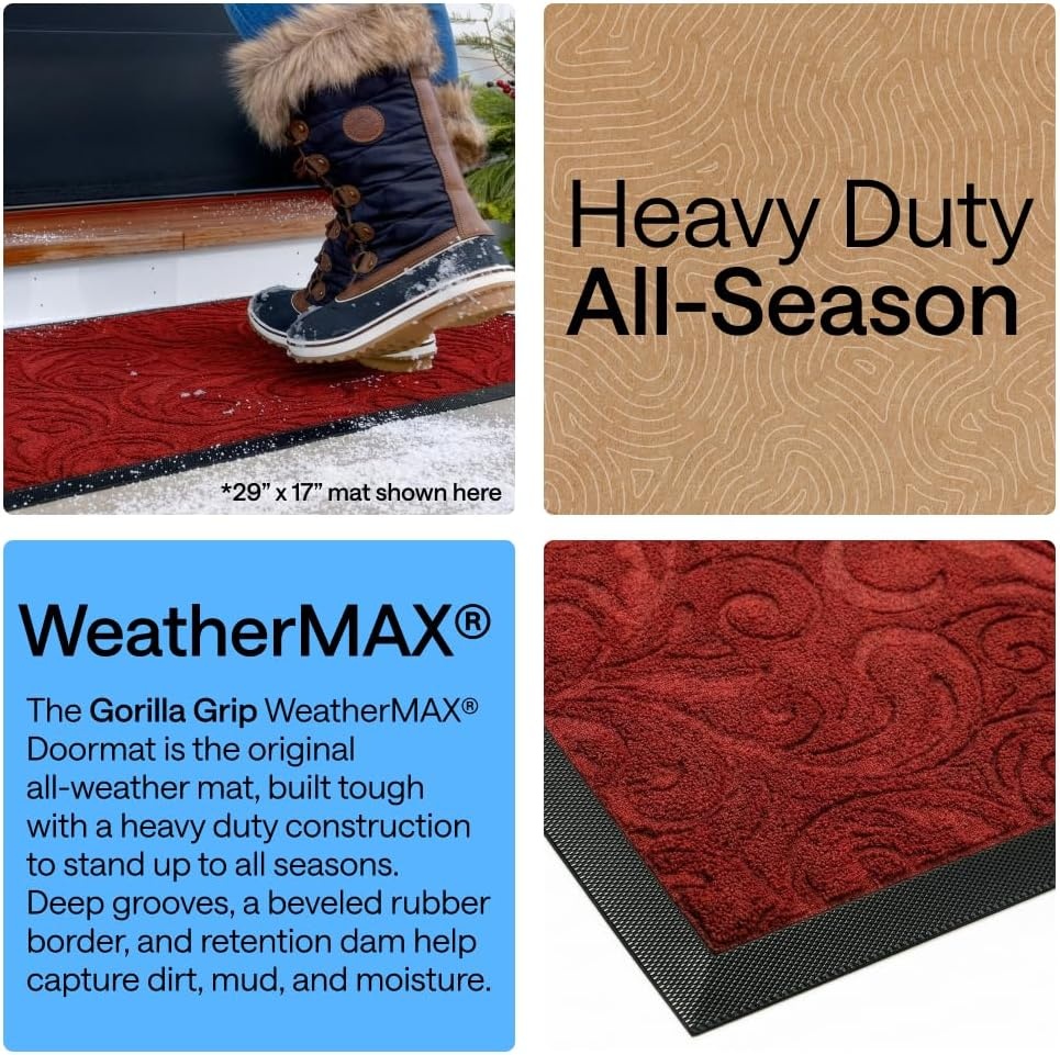 image:imageGORILLA GRIP WeatherMAX Door Mat Indoor Outdoor Use 29x17 Gray DiamondRed Vintage Wine
