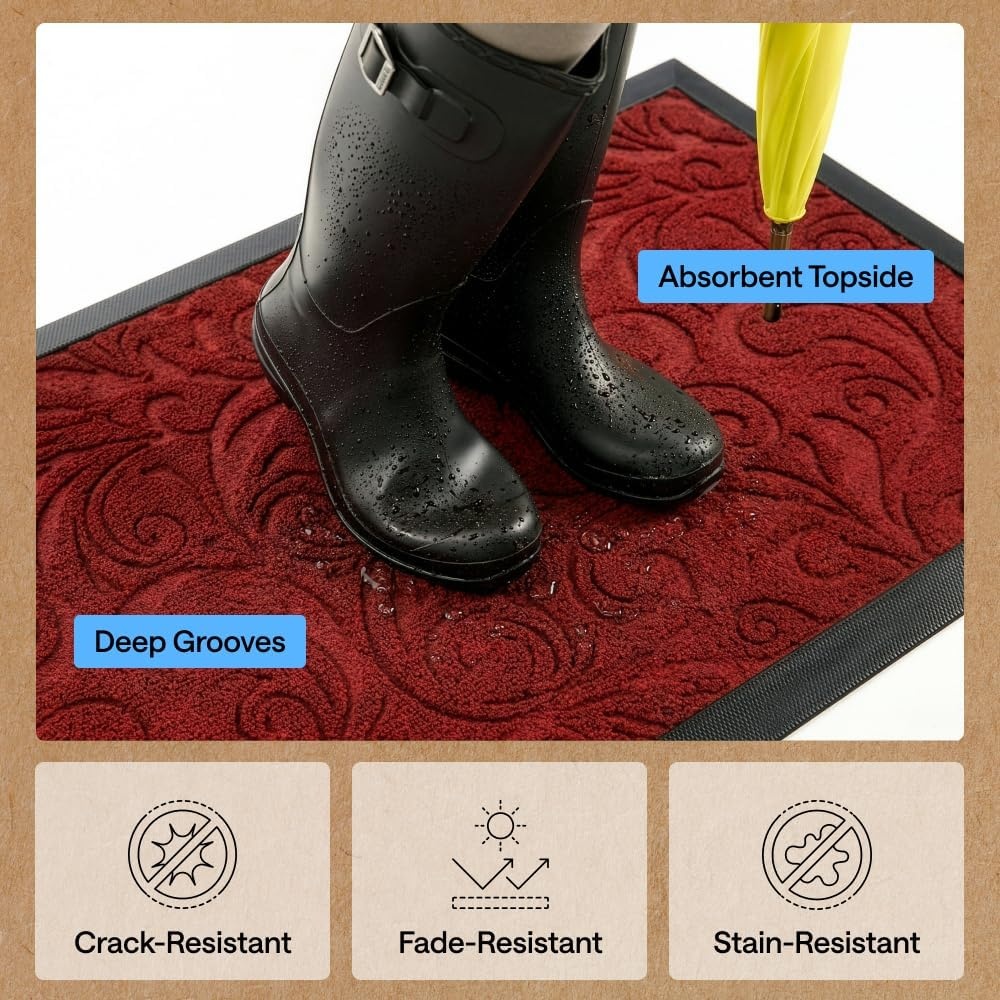 image:imageGORILLA GRIP WeatherMAX Door Mat Indoor Outdoor Use 29x17 Gray DiamondRed Vintage Wine