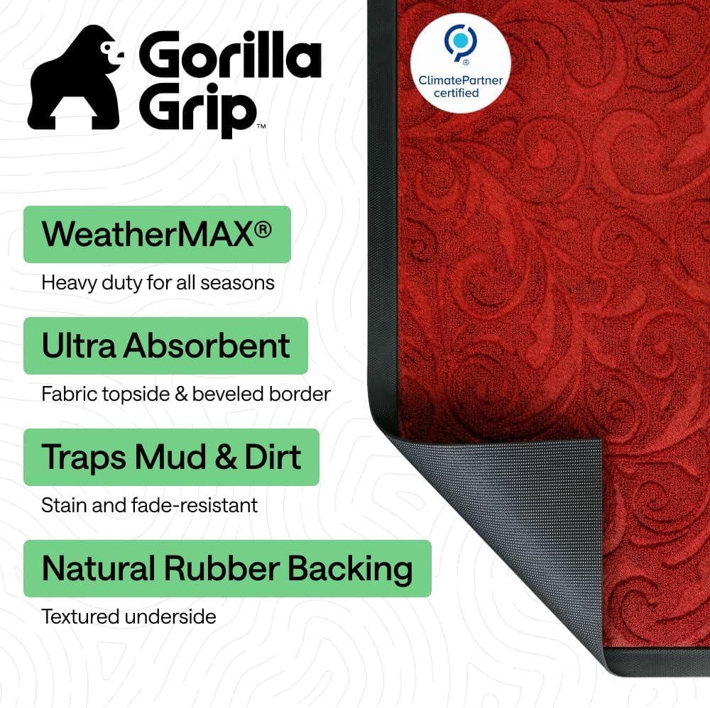 image:imageGORILLA GRIP WeatherMAX Door Mat Indoor Outdoor Use 29x17 Gray DiamondRed Vintage Wine