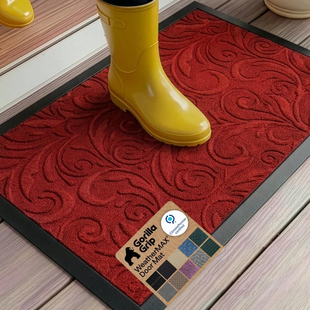 image:imageGORILLA GRIP WeatherMAX Door Mat Indoor Outdoor Use 29x17 Gray DiamondRed Vintage Wine