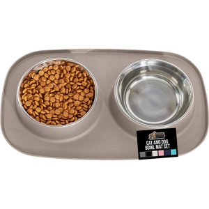 image:imageGORILLA GRIP Dog Bowl Set with Feeding Mat 304 Stainless Steel 2 Cup GrayBeige
