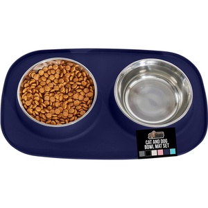 image:imageGORILLA GRIP Dog Bowl Set with Feeding Mat 304 Stainless Steel 2 Cup GrayNavy