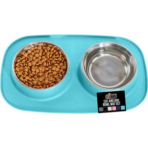 image:imageGORILLA GRIP Dog Bowl Set with Feeding Mat 304 Stainless Steel 2 Cup GrayTurquoise