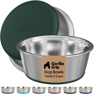 image:imageGORILLA GRIP Dog Bowls Food Grade Stainless Steel Set of 2 2 Cup BlackHunter Green