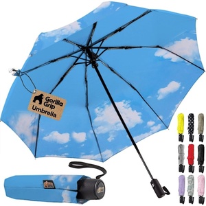image:imageGORILLA GRIP Compact Travel Size Umbrella for Rain Sleek Design BlackSky Blue Clouds