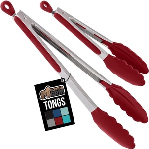 image:imageGORILLA GRIP Stainless Steel Kitchen Tongs for Cooking 2 PK BlackRed