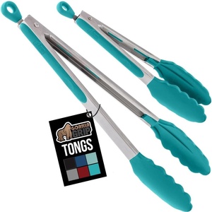 image:imageGORILLA GRIP Stainless Steel Kitchen Tongs for Cooking 2 PK BlackTurquoise